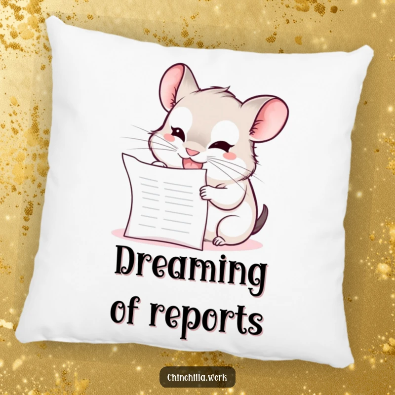Funny Chinchilla Pillow: A kawaii office chinchilla with a mischievous grin is shown enthusiastically chewing on a blank report.