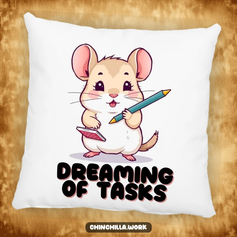 Funny Chinchilla depicted on a soft pillow, juggling a pen and notepad, representing busy but comforting support.