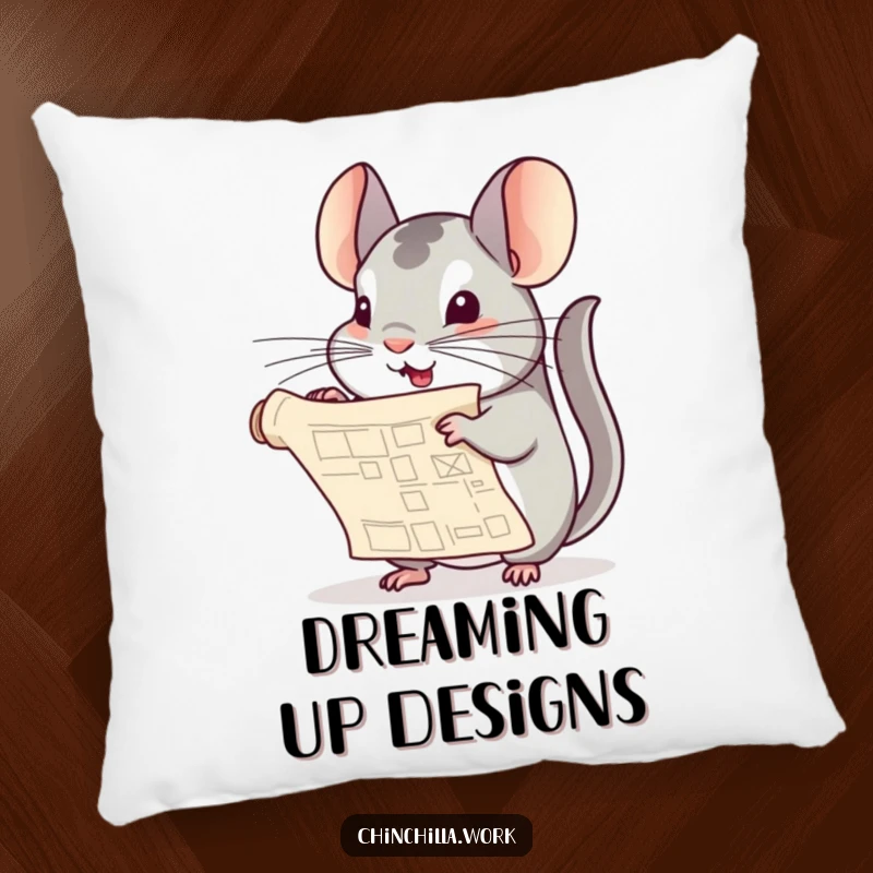 Funny Chinchilla Pillow: A chinchilla playfully unfurls a tiny rolled blueprint document, bringing cozy creativity and humor to any space.