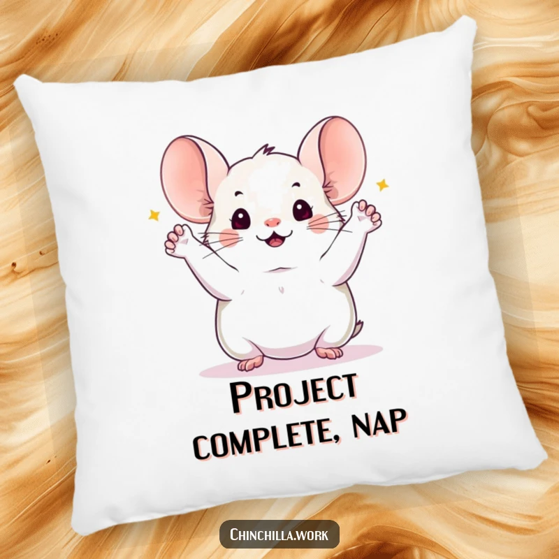 Funny chinchilla pillow showing a delighted chinchilla with all four paws raised high in celebration of successfully completing a project, offering comfort.
