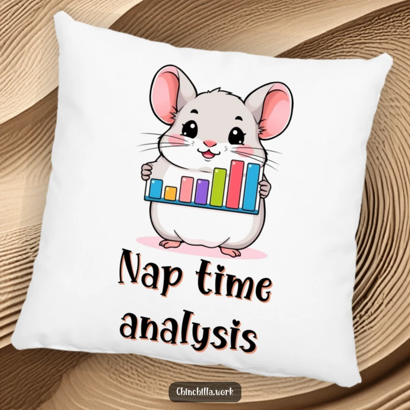 Funny chinchilla pillow with a smiling rodent and a bar graph, offering comfort and a humorous decorative touch.