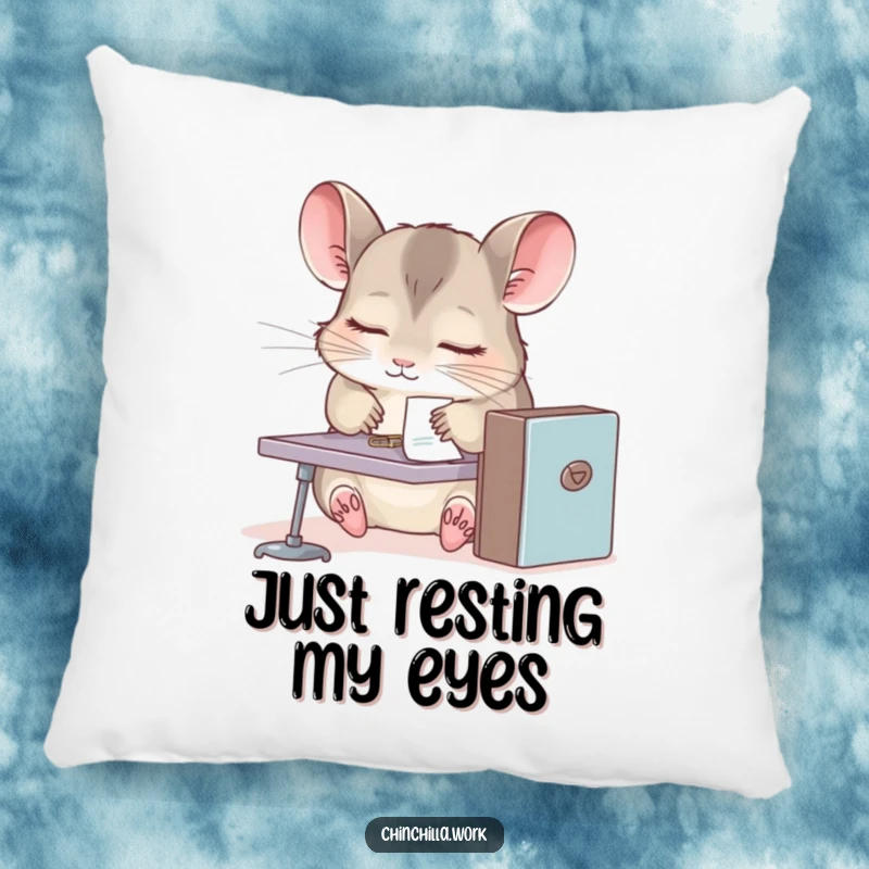 Funny chinchilla pillow, sleepy rodent dozing at tiny desk, paperclip stuck to fur, soft and decorative for any room.