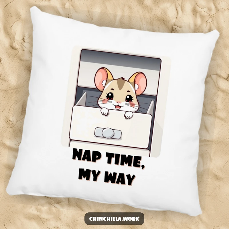 Funny Chinchilla Pillow: A chinchilla with a wide, happy grin peeks from a filing cabinet drawer, offering cozy, humorous comfort.
