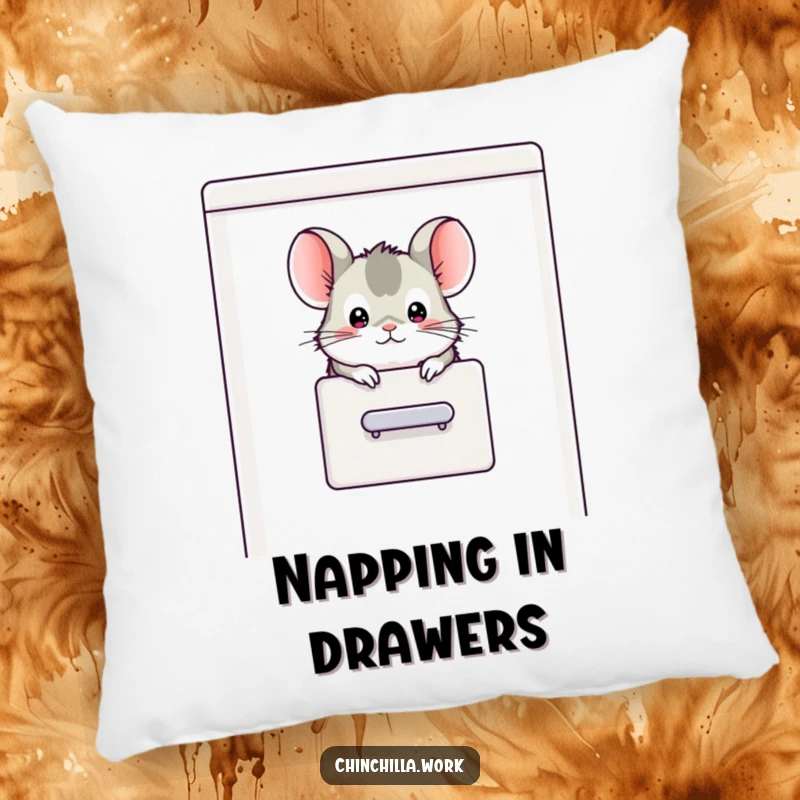 Funny chinchilla character peeking its head out of a filing cabinet, featured on a soft and humorous pillow.