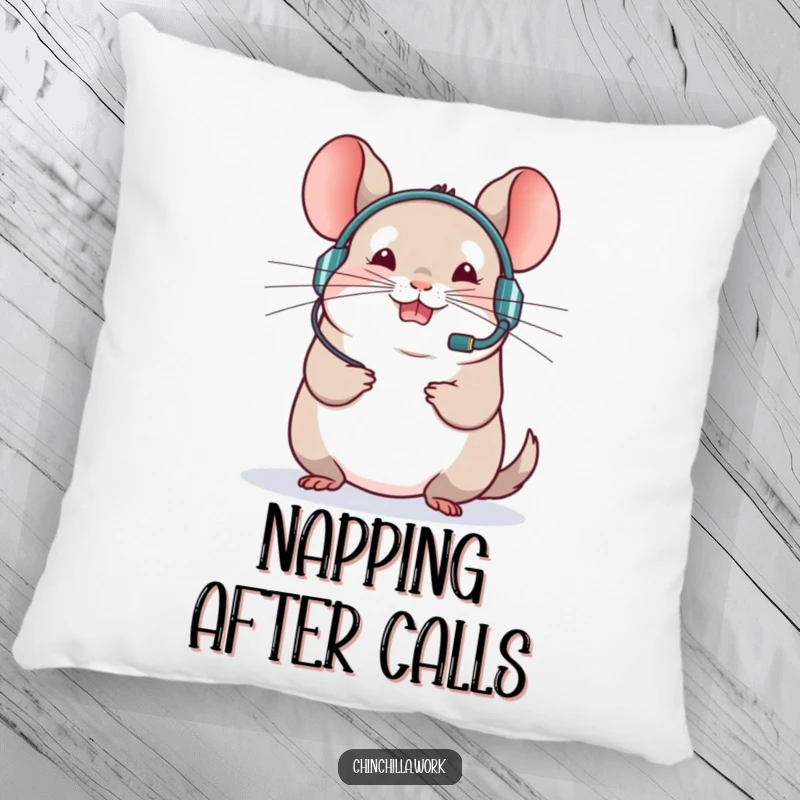 Funny chinchilla pillow featuring a rodent in a headset leading a virtual meeting, offering cozy comfort and office laughs.