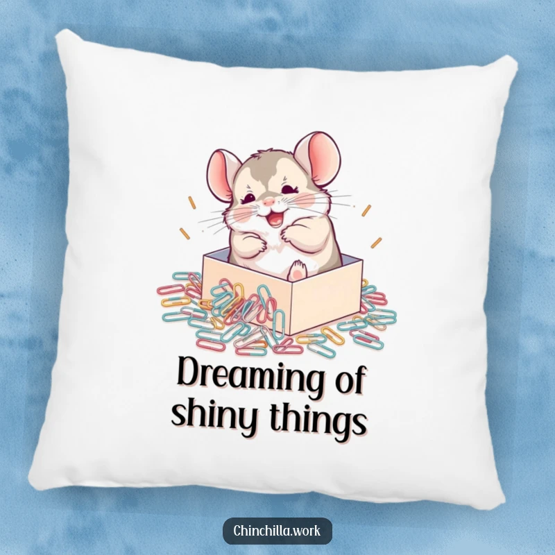 Funny Chinchilla Pillow featuring a chinchilla joyfully rolling around in a large spill of paperclips, radiating pure, unadulterated happiness.