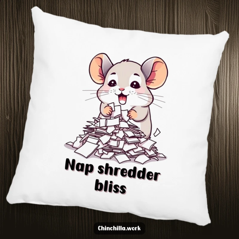Funny chinchilla pillow with a cute creature enthusiastically shredding important papers, adding a touch of humor and coziness.