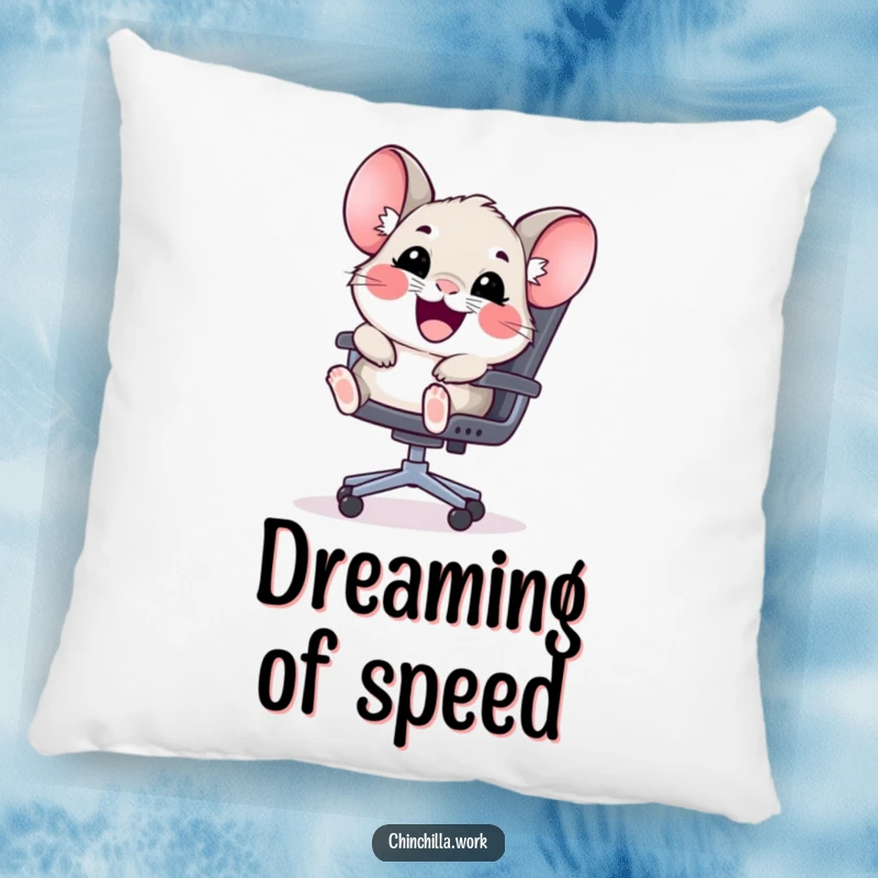 Funny kawaii chinchilla pillow featuring a happy rodent sliding down an office chair, offering cozy comfort and cute laughs.