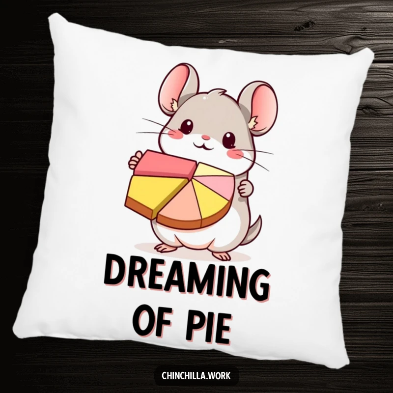 Funny kawaii chinchilla character enthusiastically holding a colorful pie chart, featured on a soft and cuddly pillow.