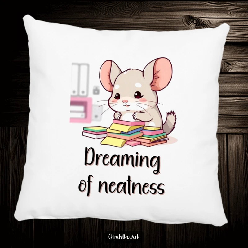 Funny pillow with a kawaii office chinchilla surrounded by sticky notes, attempting to organize them.