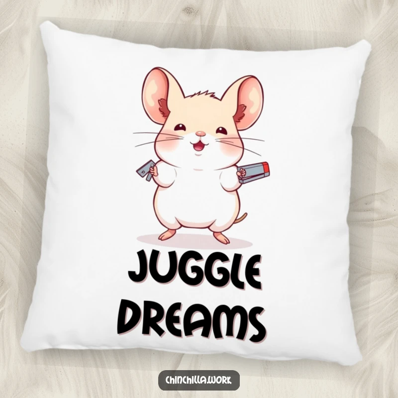Funny pillow featuring a chinchilla juggling staplers with impressive balance, perfect for adding comfort and quirky humor to any room.