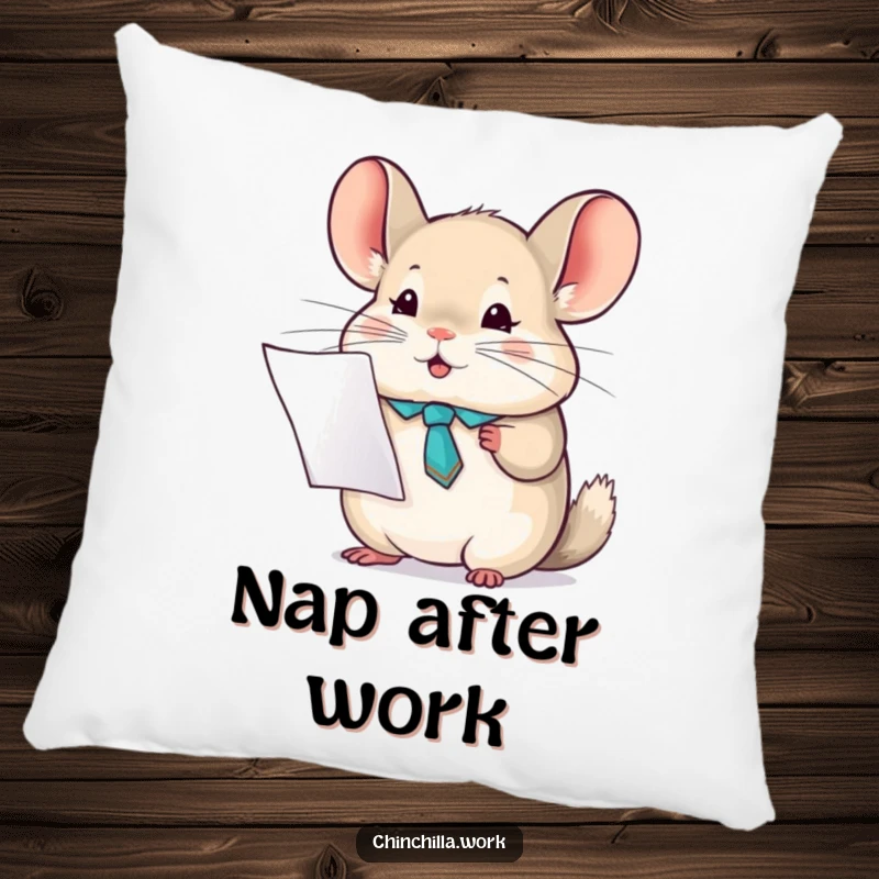 Funny chinchilla tie pillow featuring a character holding a report, providing comfort and a touch of professional humor.