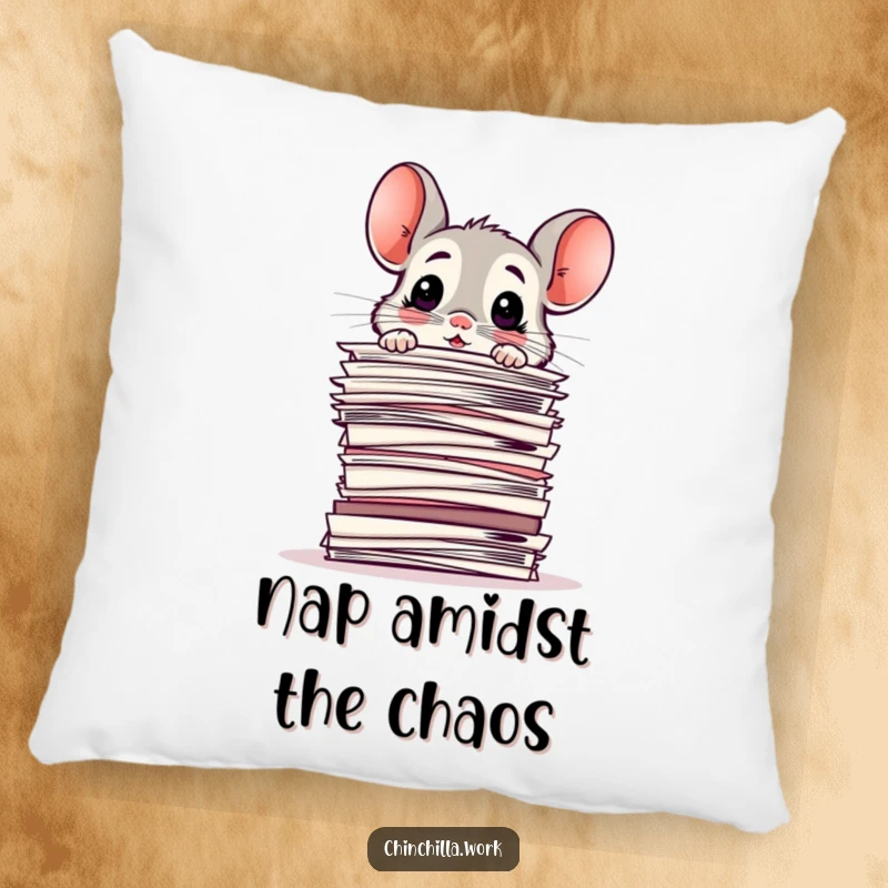 Funny Pillow: Chinchilla looking surprised and baffled atop a huge pile of papers, offering humorous lumbar support.