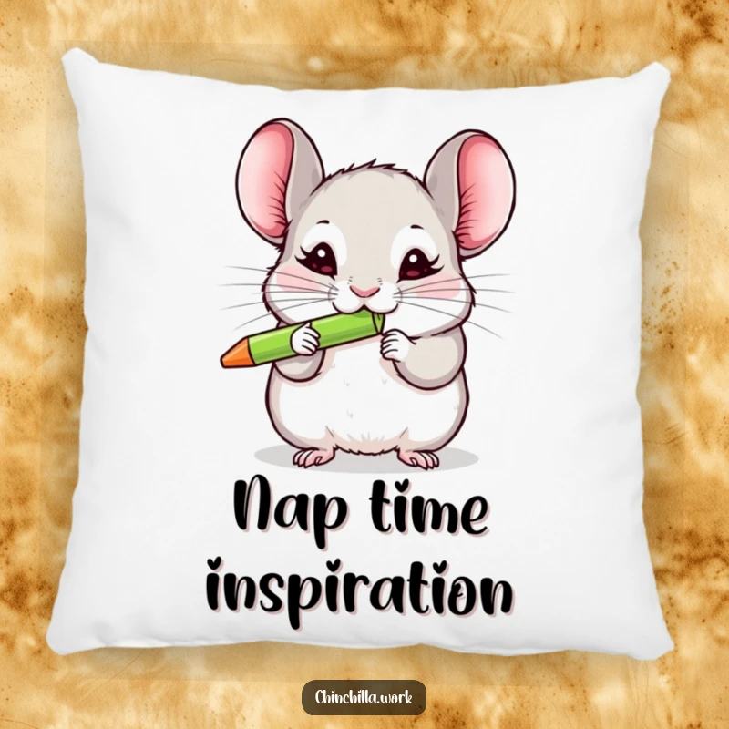 Funny chinchilla pillow showing a cute rodent making quick work of a brightly colored pen, offering comfort and humor.
