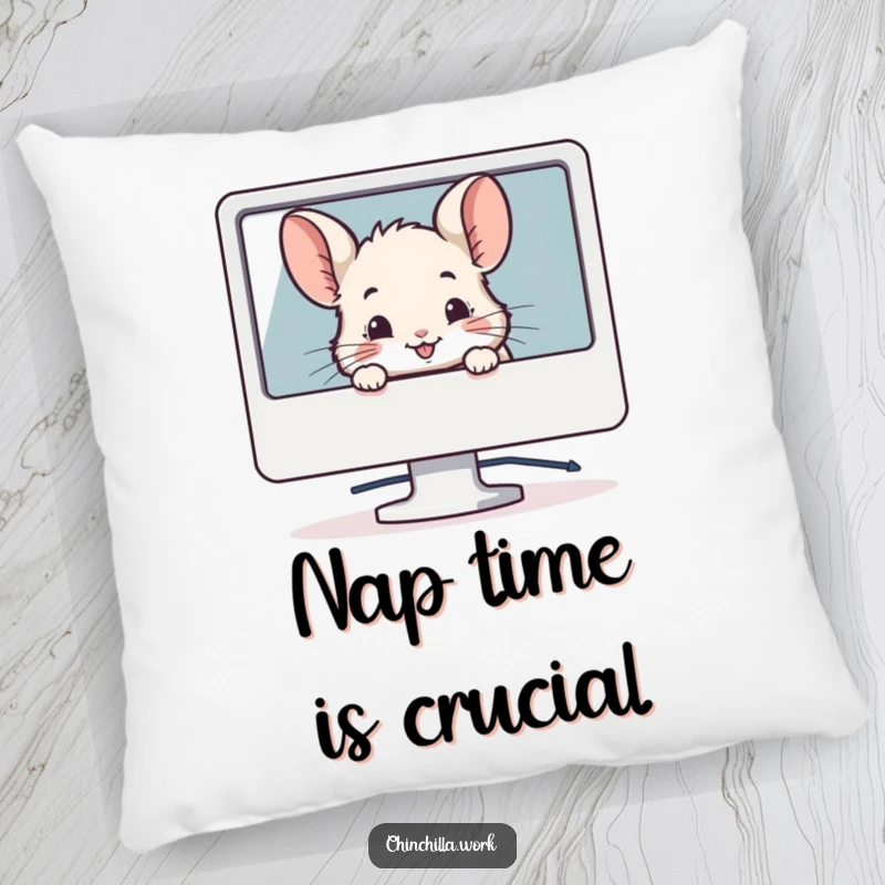 Funny decorative pillow featuring a chinchilla peeking from behind a computer monitor with a smile, adding cozy tech vibes.