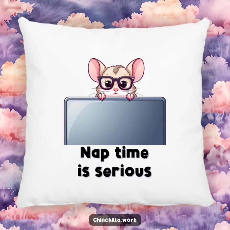 Funny Chinchilla Pillow featuring a cute chinchilla wearing reading glasses, peeking over a computer monitor, adding a touch of smart humor.