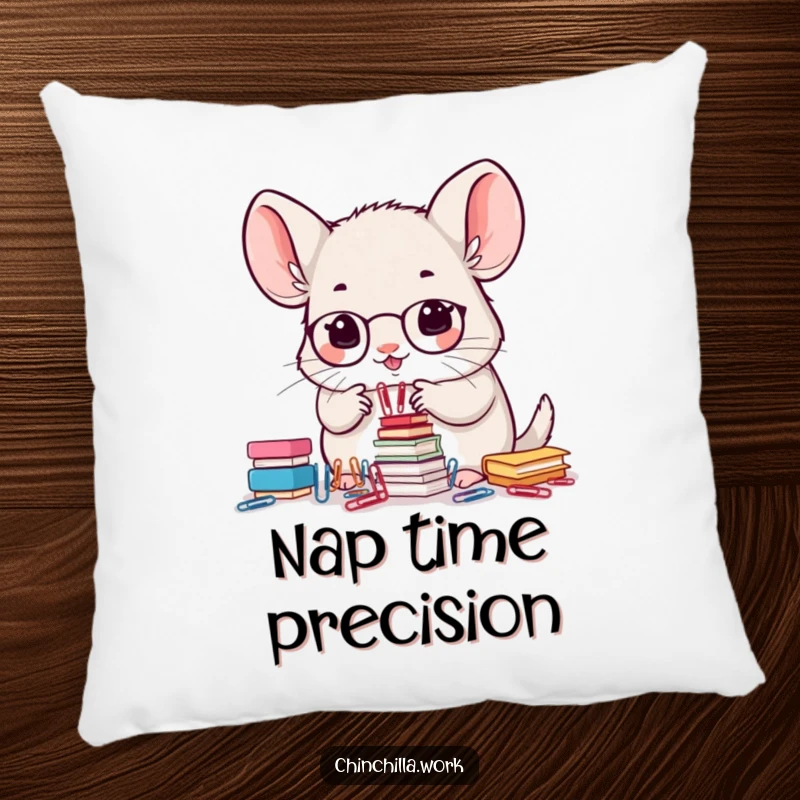 Funny pillow featuring a kawaii office chinchilla meticulously stacking small paperclips, bringing organized workplace charm.