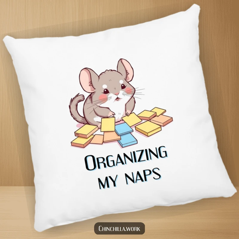 Funny chinchilla pillow showing a cute rodent comically trying to organize scattered sticky notes, offering comfort and humor.