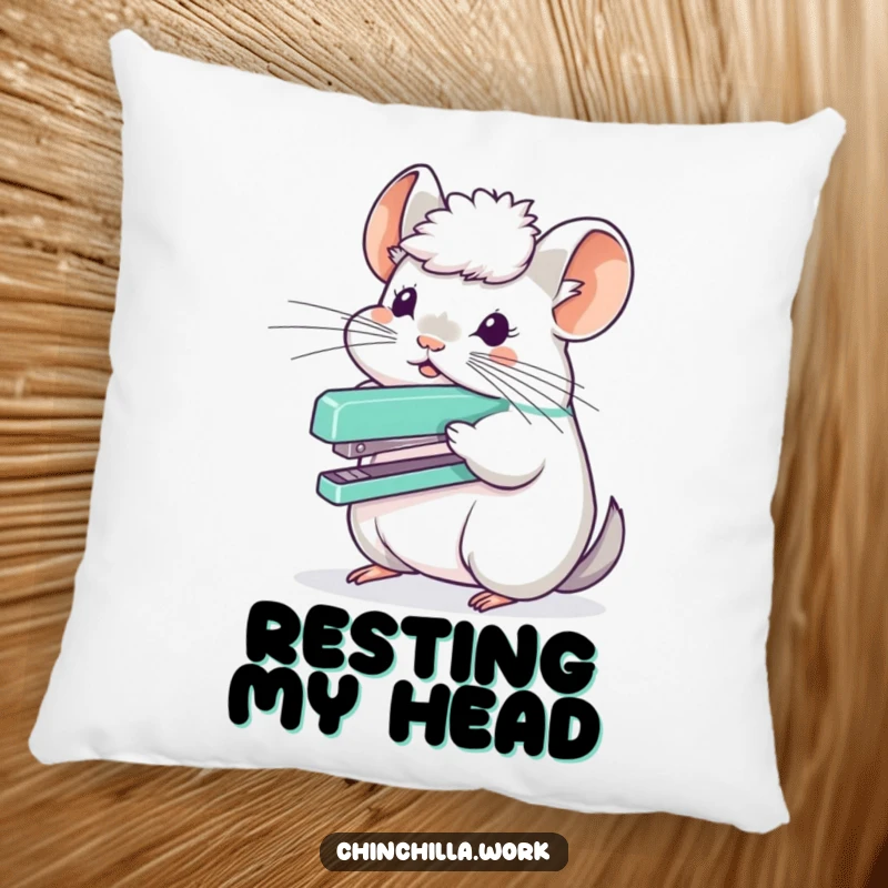 Funny chinchilla character balancing a stapler on its fluffy head, featured on a soft and humorous pillow.