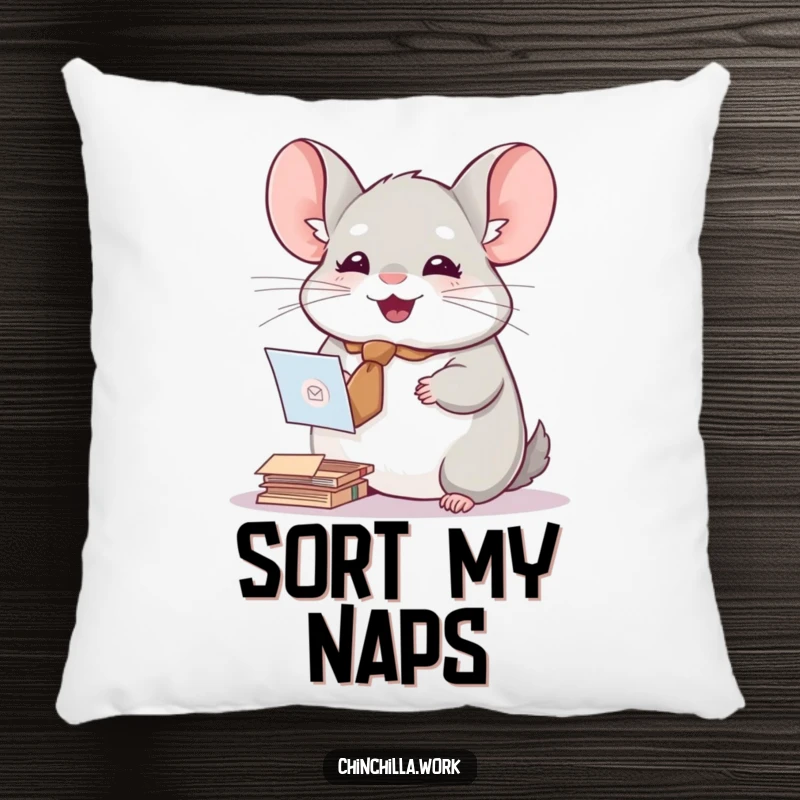 Funny decorative pillow featuring a chinchilla wearing a tiny tie, joyfully sorting mail, adding cute comfort.