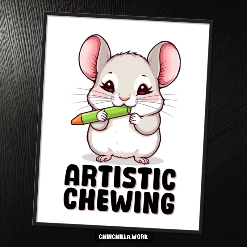Funny chinchilla digital art print capturing a rodent's joyful abandon while chewing a colorful pen, perfect for laughs.