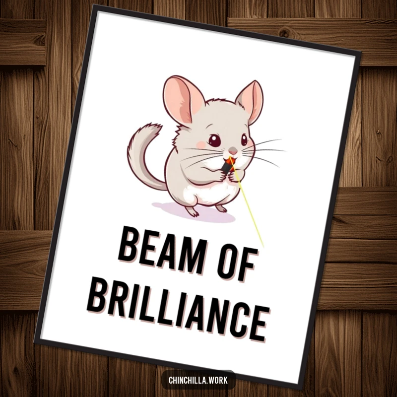 Funny digital art print of a chinchilla chasing a laser pointer across a whiteboard, capturing playful energy and pet owner humor.