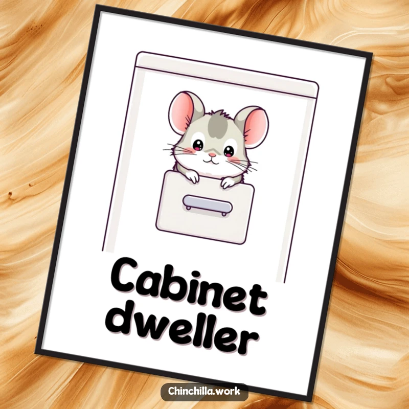 Funny chinchilla character peeking its head out of an open filing cabinet, captured as humorous digital art.