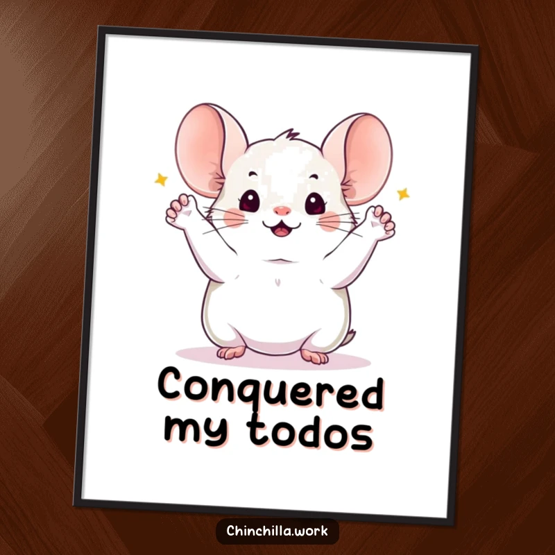 Funny chinchilla digital art print showing a chinchilla with all four paws joyfully raised in celebration of a successful project completion, motivational decor.