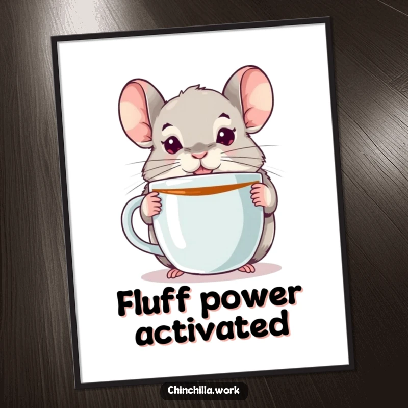 Funny chinchilla digital art print of an alert chinchilla holding a huge coffee mug, perfect for instant humorous wall decor.