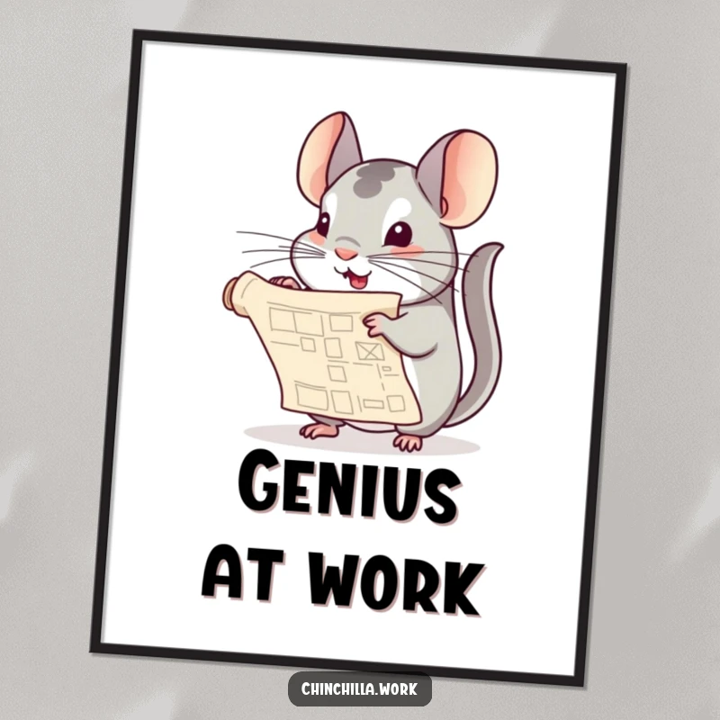 Funny Chinchilla Digital Art: A chinchilla playfully unfurls a tiny blueprint, representing grand ideas and humorous creativity.