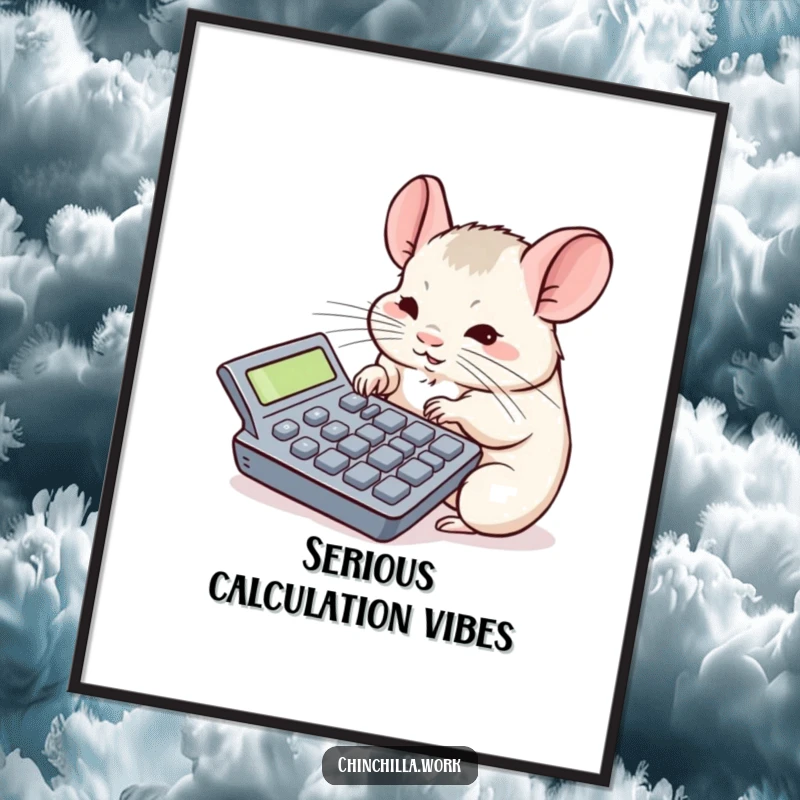Funny chinchilla digital art print featuring intense concentration on a giant calculator, perfect for humorous office decor.