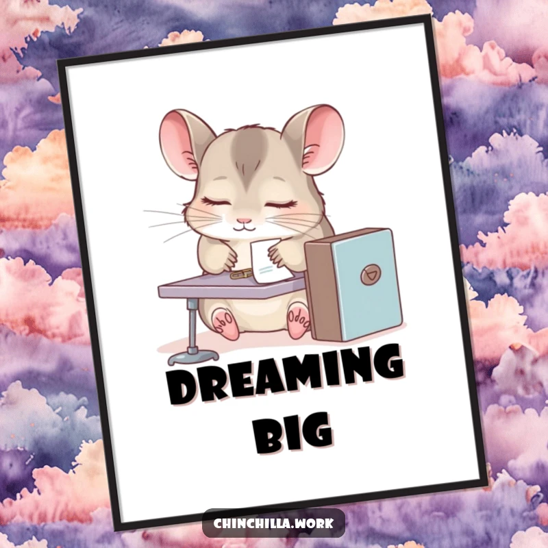 Funny chinchilla digital art print, sleepy rodent at miniature desk, paperclip stuck to fur, high-quality humorous wall decor.