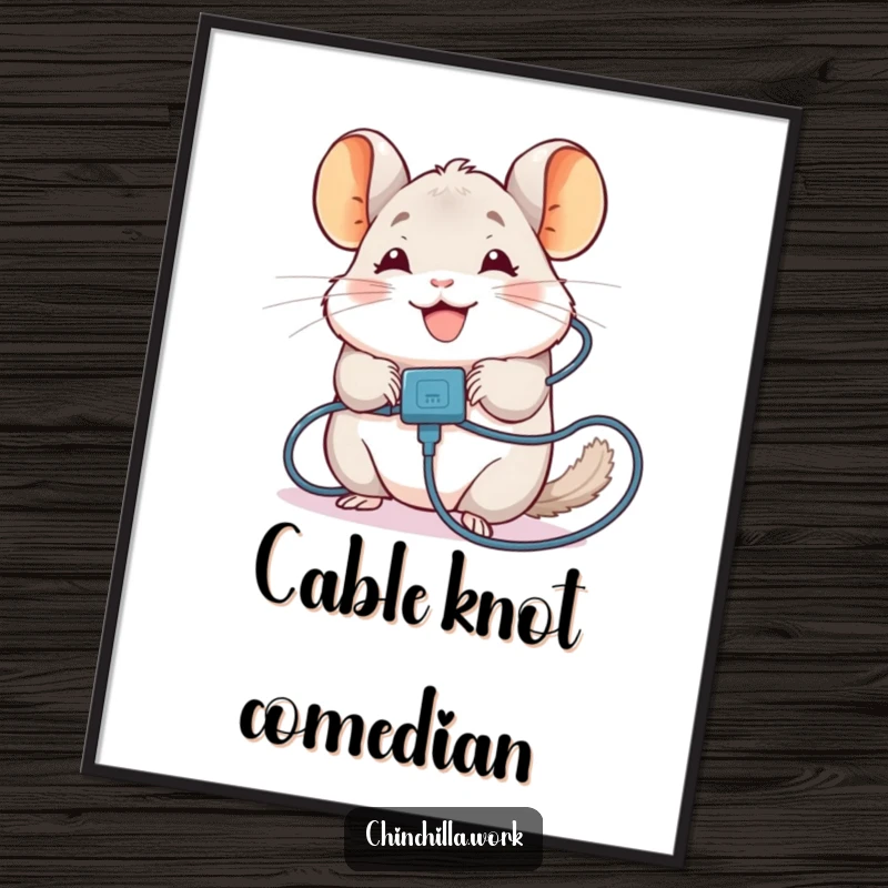 Funny Chinchilla Digital Art Print: Chinchilla tangled in a charging cable, smiling through it, printable funny gift.