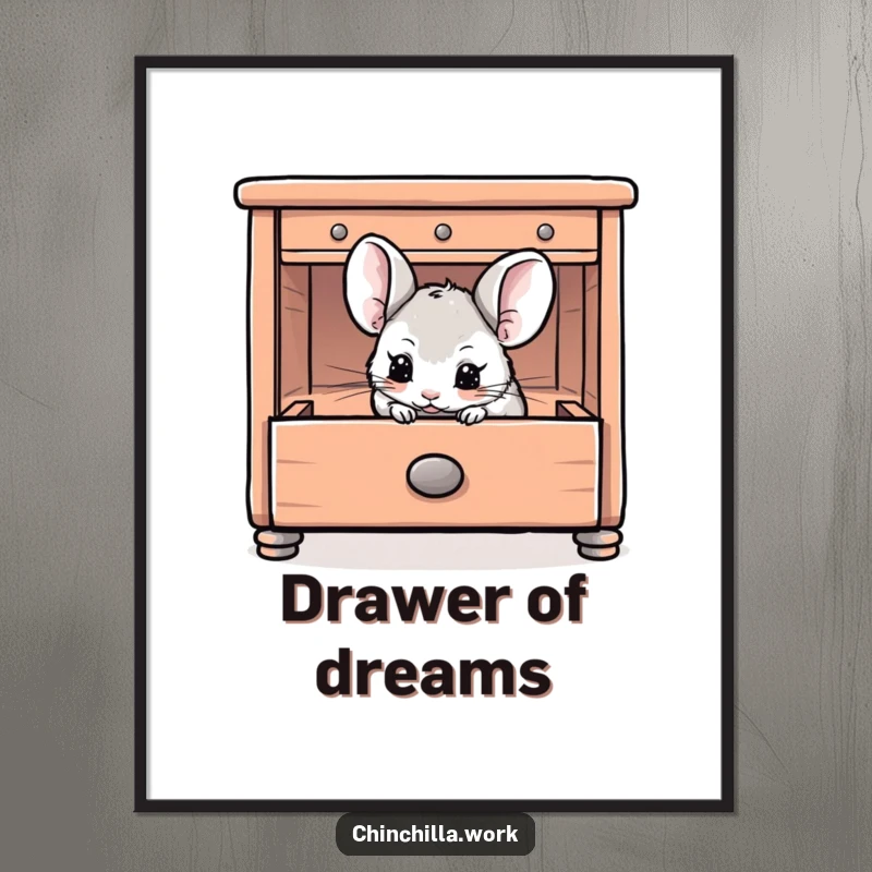 Funny Chinchilla Digital Art Print of a chinchilla playfully hiding inside an open desk drawer, perfect for a whimsical space.
