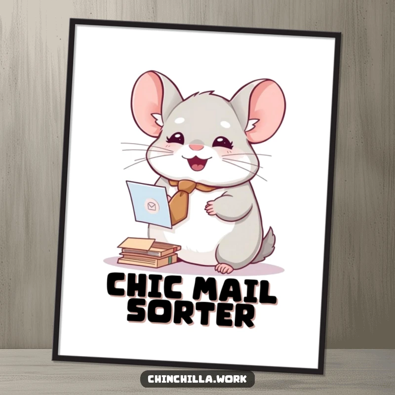 Funny digital art print of a chinchilla with a tiny tie, joyfully sorting mail, adding instant cute decor.