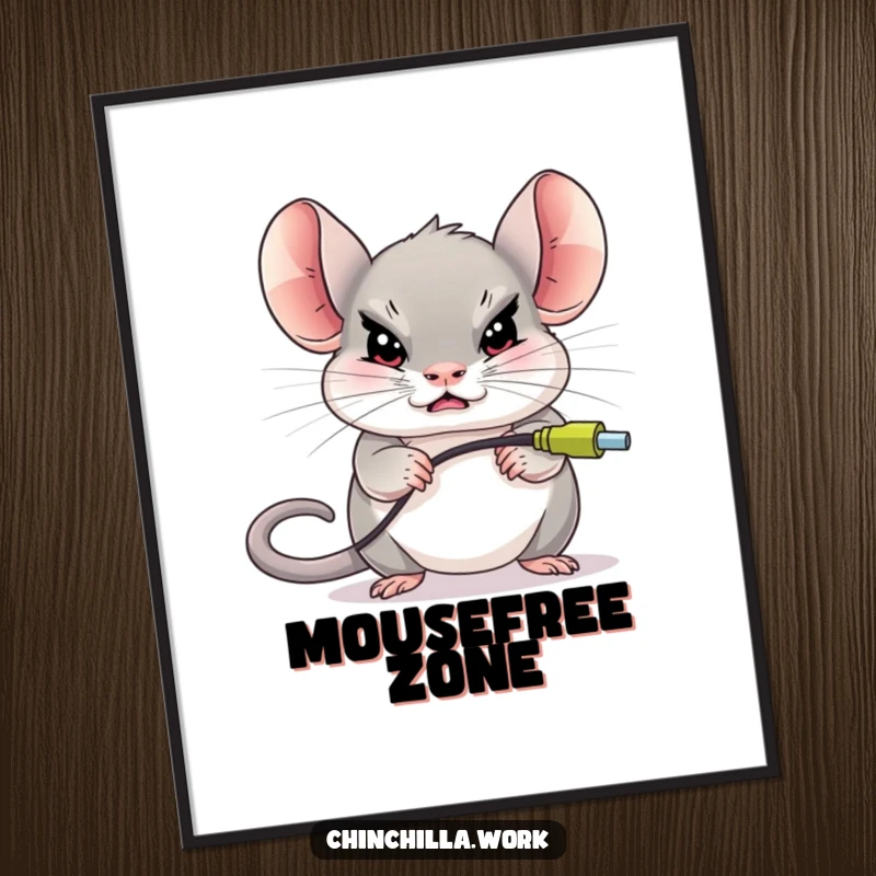 Funny chinchilla character with a determined expression, unplugging a giant computer mouse, captured in humorous digital art.