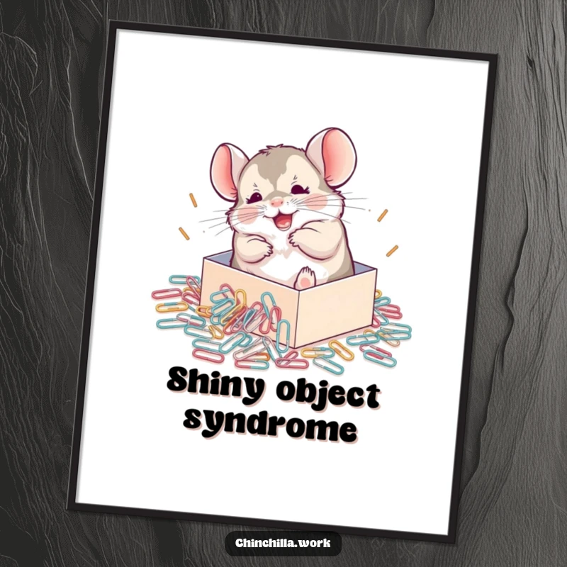 Funny Chinchilla Digital Art Print of a chinchilla joyfully rolling in a pile of paperclips, bringing cheerful vibes.