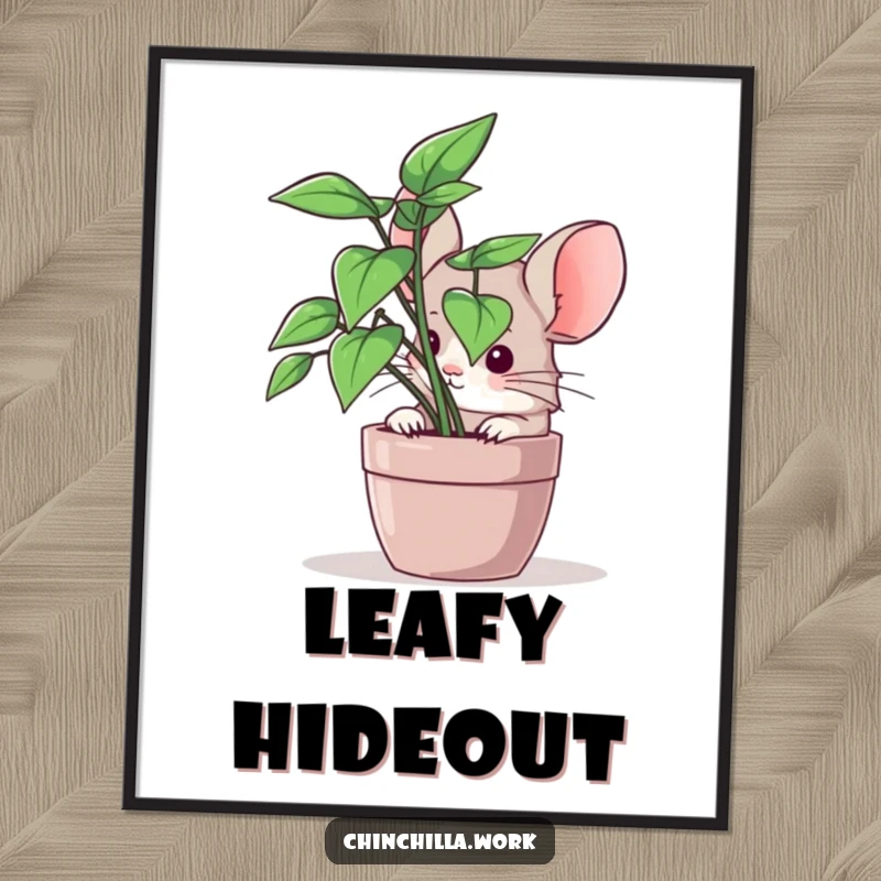 Funny chinchilla digital art print of a rodent peeking from office greenery, perfect for whimsical wall decor.