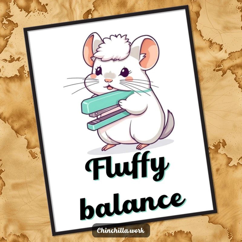Funny chinchilla character balancing a stapler on its fluffy head, captured as humorous digital art.
