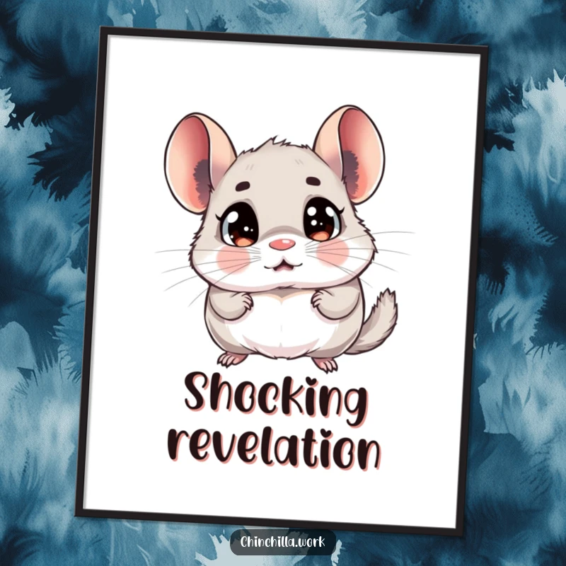 Funny chinchilla digital art print of a rodent with exaggerated wide eyes, comically surprised by a memo, for humorous decor.