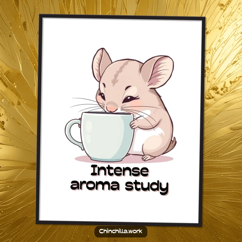 Funny Digital Art Print: Chinchilla sniffing a coffee mug with intense focus and twitching ears, a humorous artwork for coffee enthusiasts.