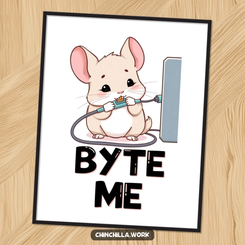 Funny digital art print of a kawaii office chinchilla determinedly chewing a charging cable.