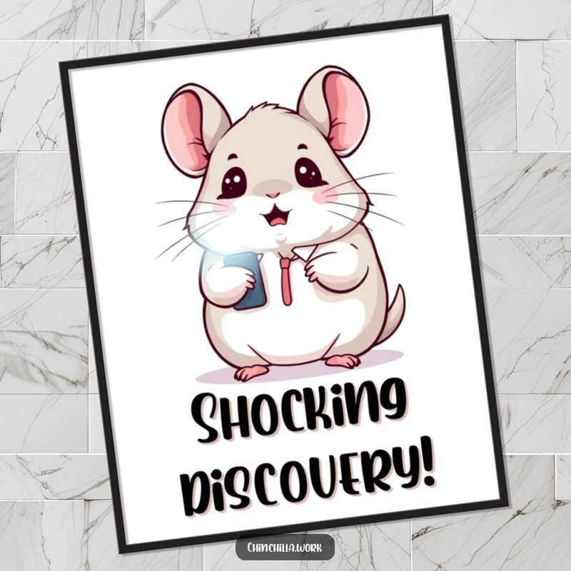 Funny digital art print of a kawaii office chinchilla wide-eyed with surprise at a flashing light.