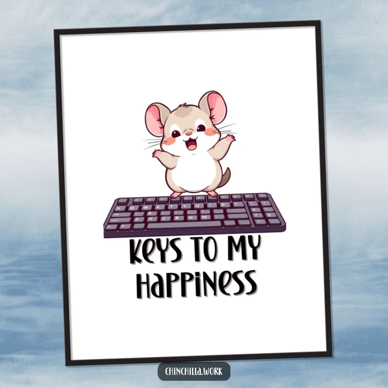 Funny digital art print of a kawaii office chinchilla dancing on a computer keyboard, delivering instant cheer.