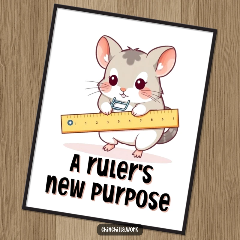 Funny digital art print of a kawaii office chinchilla using a ruler as a seesaw for a paperclip, perfect for instant decor.