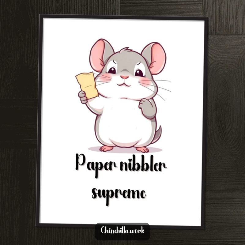 Funny office chinchilla digital art print, triumphantly holding a paper shred, offering instant motivational and humorous decor.