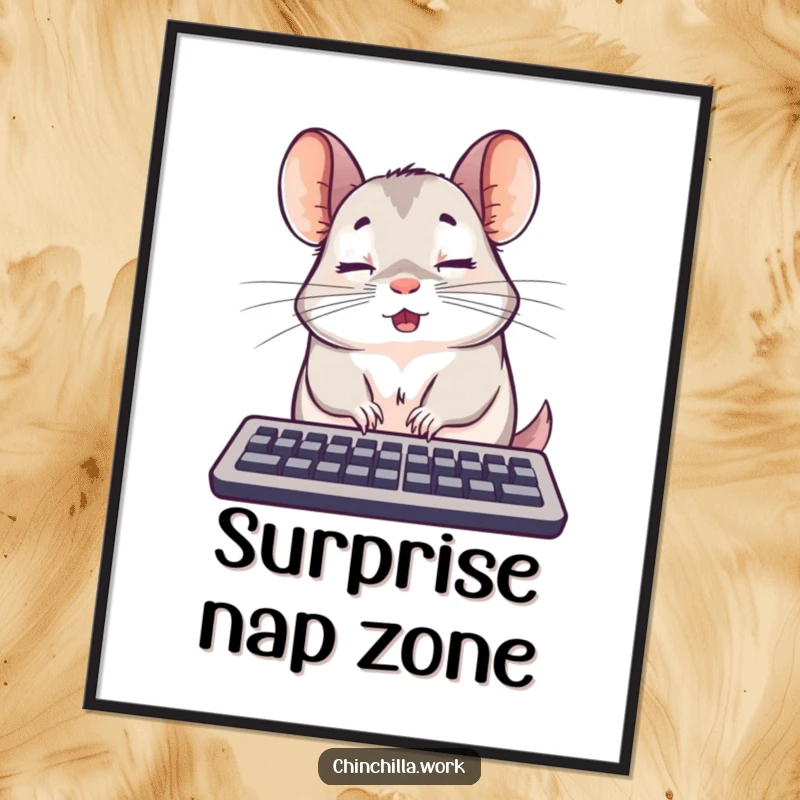 Funny surprised chinchilla keyboard digital art print caught mid-nap, ideal for decor, a funny gift.