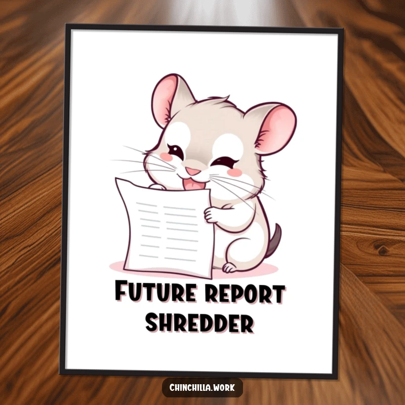 Funny Chinchilla Digital Art: A kawaii office chinchilla grins mischievously while enthusiastically chewing on a blank report, humorous artwork.