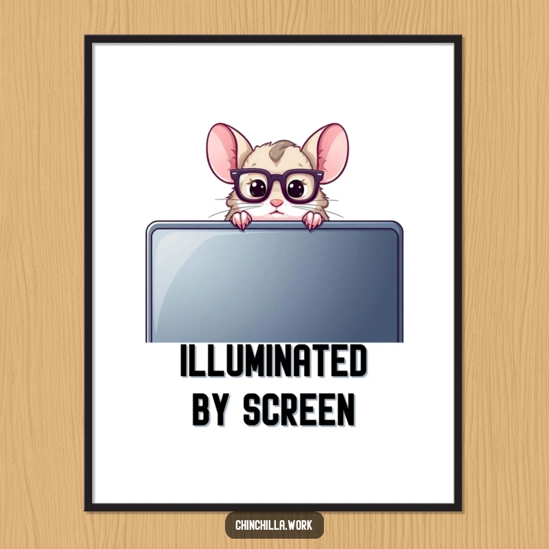 Funny Chinchilla Digital Art Print of a chinchilla with reading glasses peeking over a computer monitor, perfect for a smart and quirky space.