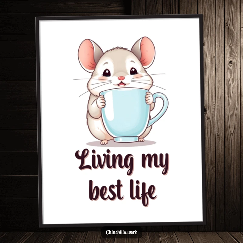 Funny chinchilla digital art print of a happy rodent holding a steaming mug with an expression of pure delight.